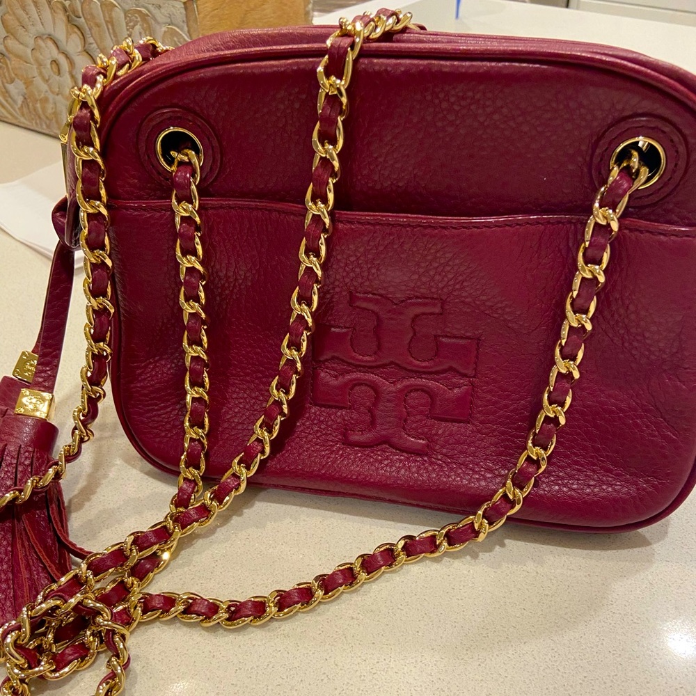 Authentic Tory Burch Burgundy Leather Thea Chain Crossbody Shoulder Bag
